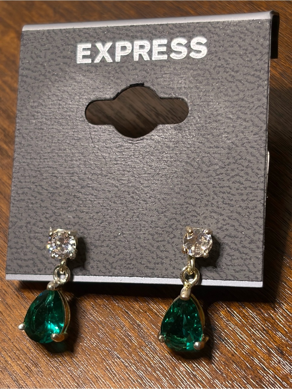 Express Gold-Tone Emerald Teardrop Drop Earrings with Clear Studs NWT